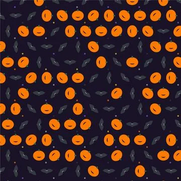 Seamless Halloween pattern featuring cute smiling pumpkins and small flying.. Stock Illustration