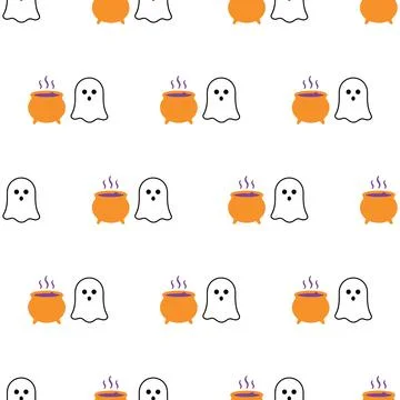 Seamless Halloween pattern featuring cute ghosts and orange cauldrons on a .. Stock Illustration