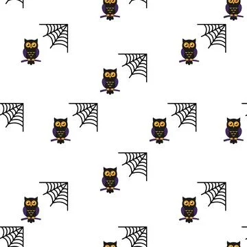 Seamless Halloween Pattern Featuring Cute Owls and Spider Webs. Stock Illustration
