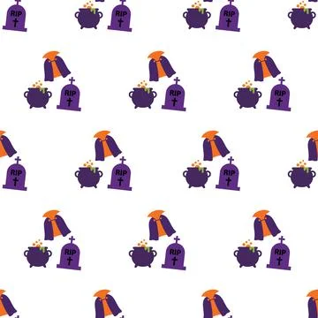 Seamless Halloween Pattern Featuring Cute Cartoon Gravestones Cauldrons and.. Stock Illustration