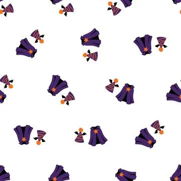 Seamless Halloween Pattern Featuring Cute Purple Witch Cloaks and Orange Pu.. Stock Illustration