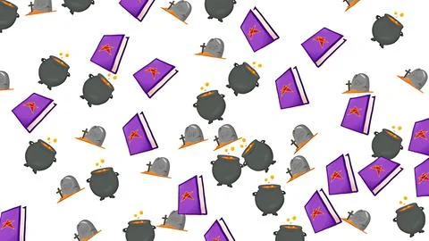 Seamless Halloween pattern featuring magic spell books, witch cauldrons and.. Illustrazione stock