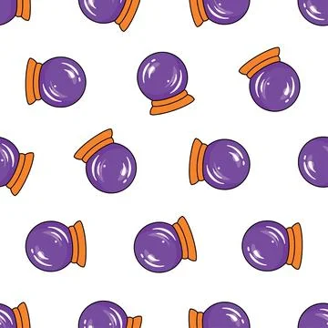 Seamless Halloween pattern featuring purple crystal balls with orange stand.. Stock Illustration