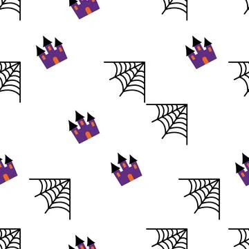 Seamless Halloween Pattern Featuring Spooky Castles and Cobwebs on White Ba.. Stock Illustration