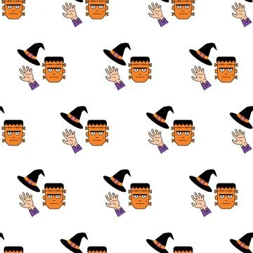 Seamless Halloween Pattern with Frankenstein Monsters Witch Hats and Spooky.. Stockillustratie