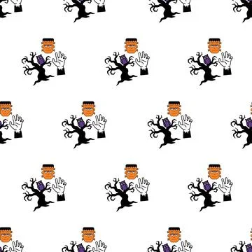 Seamless Halloween pattern with Frankenstein monsters and spooky trees. Stockillustratie