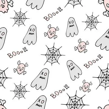 Seamless halloween pattern with ghost and bat, spider on light background Stock Illustration