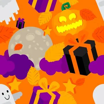 Seamless Halloween pattern with Ghost, Pumpkin, Gift box, leaves and Moon wit Stock Illustration