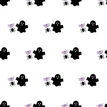 Seamless Halloween pattern with ghosts and spiders on white background. 스톡 일러스트