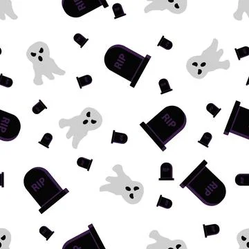 Seamless Halloween Pattern with Ghosts and Gravestones. Stock Illustration