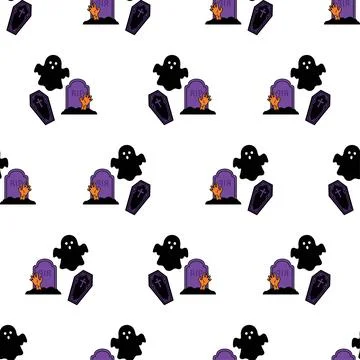 Seamless Halloween pattern with ghosts, coffins, and tombstones on white ba.. Stock-Illustration
