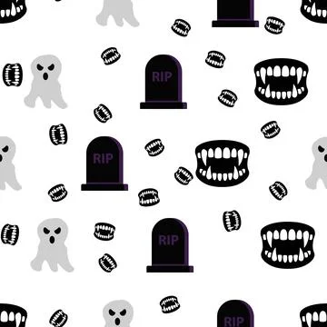 Seamless Halloween Pattern with Ghosts Gravestones and Vampire Fangs. Stock Illustration