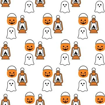 Seamless Halloween pattern with ghosts pumpkins and lanterns. Stock Illustration