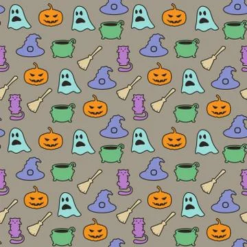 Seamless halloween pattern on gray background Stock Illustration