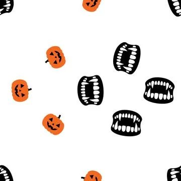 Seamless Halloween Pattern with Hand Drawn Pumpkins and Vampire Fangs. Stock Illustration