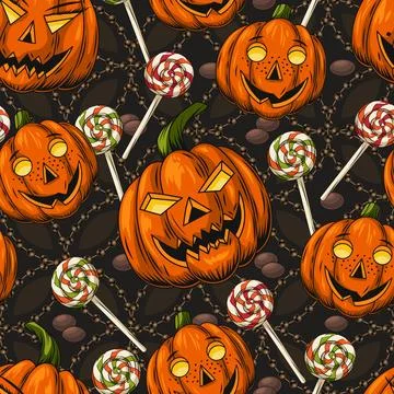 Seamless halloween pattern with happy funny pumpkin family, candy, lollypop. Stock Illustration