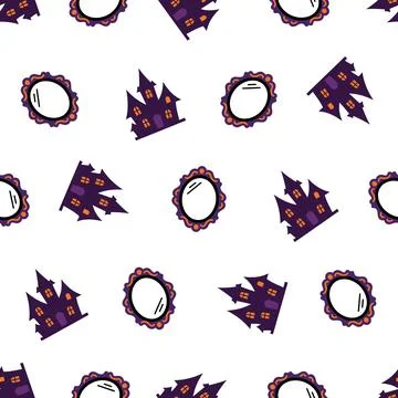 Seamless Halloween Pattern with Haunted Castles and Vintage Mirrors. Stock Illustration