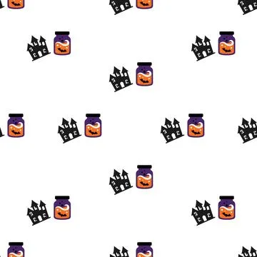 Seamless Halloween Pattern with Haunted House and Potion Jar Icons. Stock Illustration