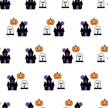 Seamless Halloween pattern with haunted houses pumpkins and tombstones. Ilustração Stock