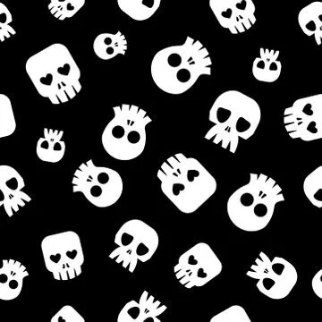 Seamless halloween pattern. Human skeletons. Different skulls. Black background. Stock Illustration