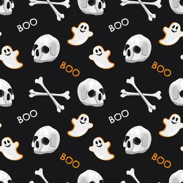 Seamless Halloween pattern with human skulls crossbones ghosts and boo text o Stock Illustration