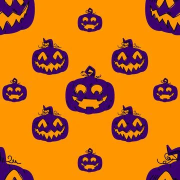 Seamless Halloween pattern with Jack O' Lantern Pumpkin. Vector background, w Stock Illustration