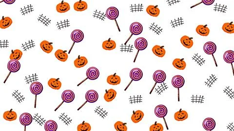 Seamless Halloween Pattern with Jack O Lantern Pumpkins, Lollipops, and Fence Stock Illustration