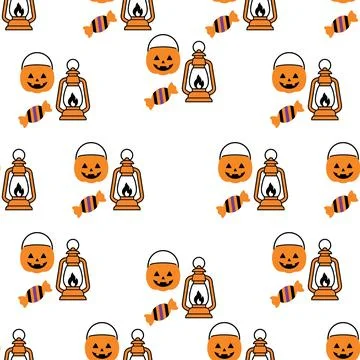 Seamless Halloween pattern with jack o lantern pumpkins and candy. Stock Illustration