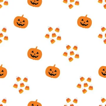 Seamless Halloween Pattern with Jack O Lantern Pumpkins and Candy Corn on W.. Stock Illustration