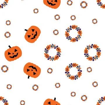 Seamless Halloween Pattern with Jack O Lantern Pumpkins and Autumn Wreaths. Stock Illustration