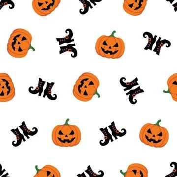 Seamless Halloween Pattern with Jack O Lantern Pumpkins and Witch Boots. Stock Illustration