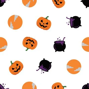 Seamless Halloween Pattern with Jack O Lantern Pumpkins and Witches Cauldrons Stock Illustration