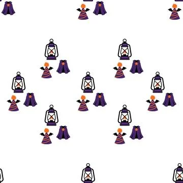 Seamless Halloween Pattern with Lanterns and Witch Hats. Stock Illustration