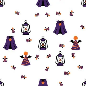 Seamless Halloween Pattern with Lanterns Capes and Witch Hats. Stock Illustration