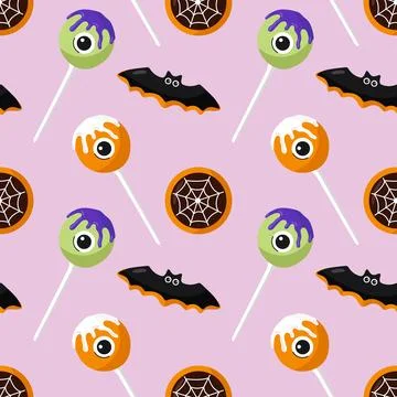 Seamless Halloween pattern with lollipops bat and spiderweb cake pops on pink Stock Illustration