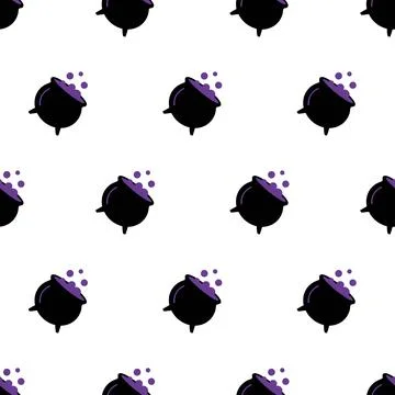 Seamless Halloween pattern with magic cauldrons and boiling purple potion v.. Stock Illustration