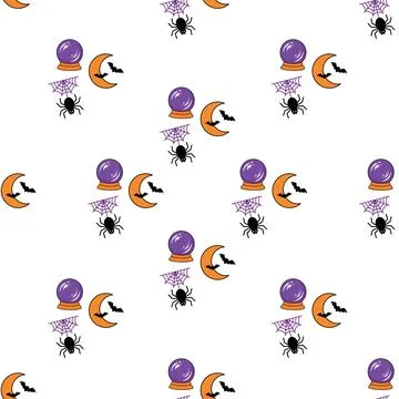 Seamless Halloween pattern with magic crystal balls, spiders, bats, and cre.. Stock Illustration