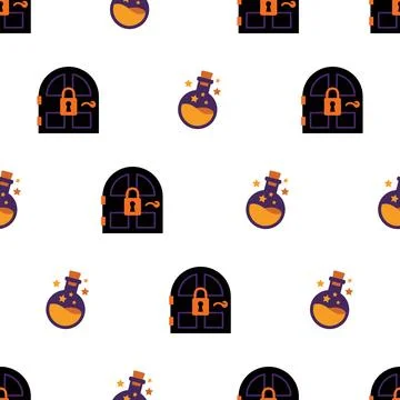 Seamless Halloween Pattern with Magic Potions and Locked Doors. Illustrazione stock