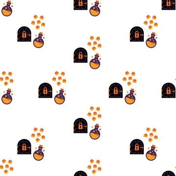 Seamless Halloween Pattern with Magic Potions and Haunted Doors. Stock Illustration