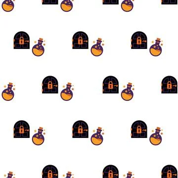 Seamless Halloween Pattern with Magic Potions and Locked Doors. Stock Illustration