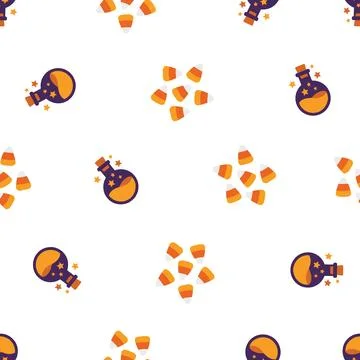 Seamless Halloween Pattern with Magic Potions and Candy Corn Elements. 스톡 일러스트