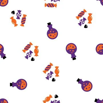Seamless Halloween Pattern with Magic Potions and Colorful Candy Treats. Stock Illustration