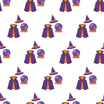 Seamless Halloween pattern with magic witch items like hats cloaks and crys.. Stock Illustration