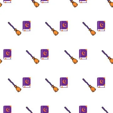 Seamless Halloween pattern with magical witch brooms and spell books. Stockillustratie