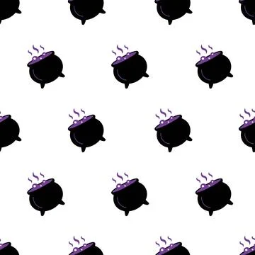 Seamless Halloween pattern with magical witches cauldrons and bubbling purp.. Stock Illustration