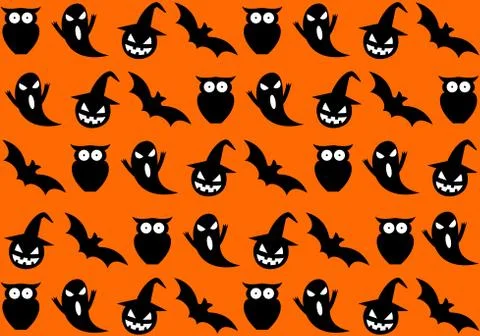 Seamless halloween pattern on orange background - Vector illustration Stock Illustration