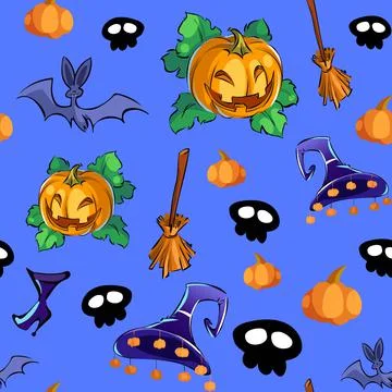 Seamless halloween pattern. Orange Pumpkin, bat, broom, Skull and hat, flat s Illustrazione stock