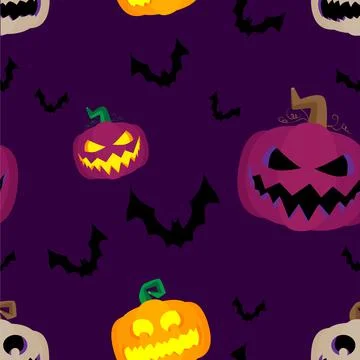 Seamless Halloween pattern with Pumpkin and Bat. Vector background, wrapping  Stock Illustration