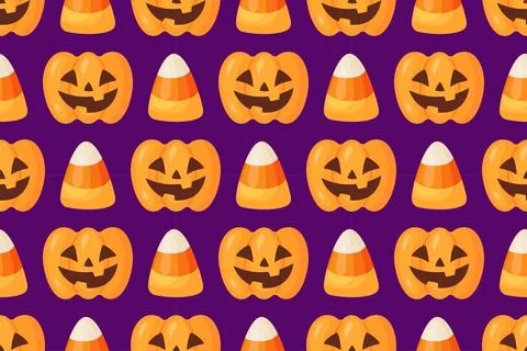 Seamless Halloween pattern with pumpkin and candy corn on a purple background Stock Illustration
