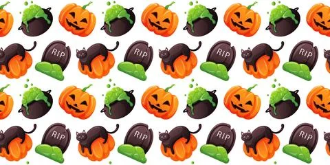 Seamless Halloween pattern with pumpkin, black cat, tombstone and bubbling Stock Illustration